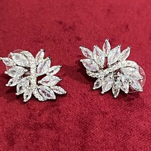 Elegant Sparkling White Floral Cluster Crystal Pierced Earrings
